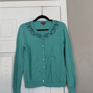 Merona Acqua Blue Crystal Rhinestone Long Sleeve Button Down Cardigan Sweater